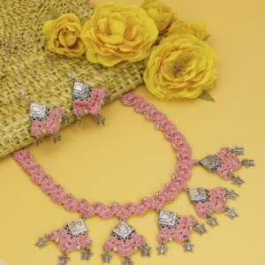 Pink Crochet Jewelry Set with Butterfly Charms Handmade - Image 1