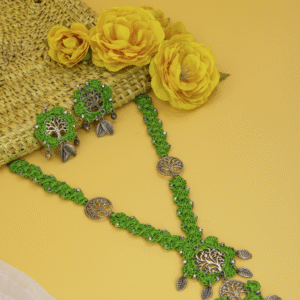 Green Crochet Jewelry Set with Tree of Life Charms and Earrings Handmade - Image 1