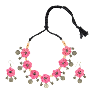 Pink Floral Crochet Necklace Set Handmade - Image 1