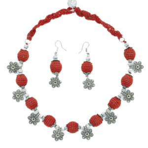 Red Beaded Crochet Necklace Set with Floral Charms Handmade - Image 1