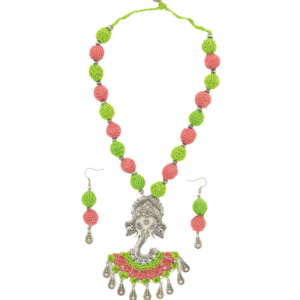 Green & Pink Crochet Necklace Set with Ganesha Pendant Handmade - Image 1