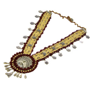 Maroon and Yellow Crochet Necklace with Peacock and Floral Accents Handmade - Image 5