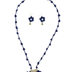 Navy Blue Crochet Necklace Set with Crescent Pendant Handmade - Image 1