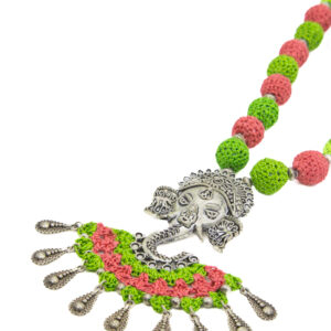 Green & Pink Crochet Necklace Set with Ganesha Pendant Handmade - Image 2