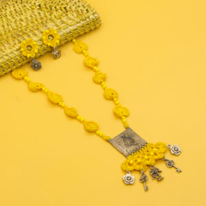 Yellow Crochet Necklace Set with Tribal Square Pendant Handmade - Image 4