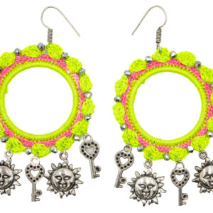 Neon Green & Pink Crochet Necklace Set with Butterfly and Key Charms - Image 3