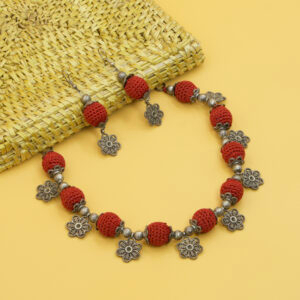 Red Beaded Crochet Necklace Set with Floral Charms Handmade - Image 4
