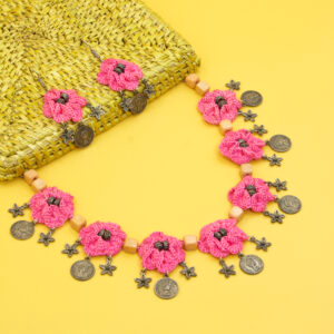 Pink Floral Crochet Necklace Set Handmade - Image 4