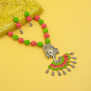 Green & Pink Crochet Necklace Set with Ganesha Pendant Handmade - Image 4