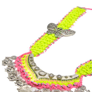 Neon Green & Pink Crochet Necklace Set with Butterfly and Key Charms - Image 2