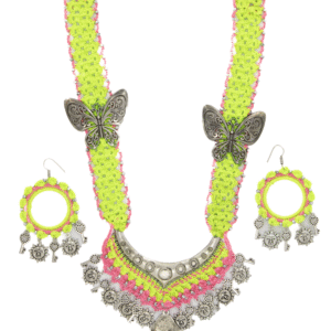 Neon Green & Pink Crochet Necklace Set with Butterfly and Key Charms - Image 1