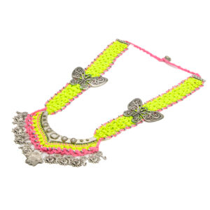 Neon Green & Pink Crochet Necklace Set with Butterfly and Key Charms - Image 5