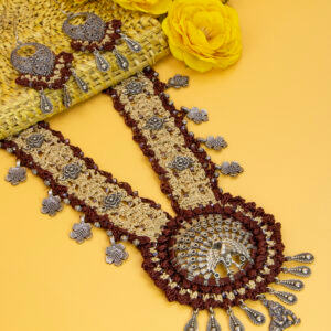 Maroon and Yellow Crochet Necklace with Peacock and Floral Accents Handmade - Image 4