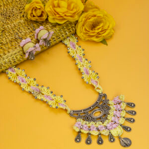 Yellow and Pink Crochet Jewelry Set with Floral Motif and Oxidized Pendant Handmade - Image 4
