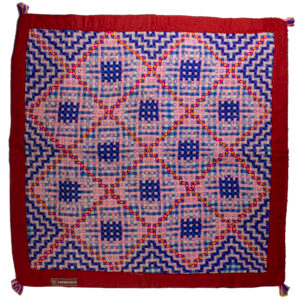Peach‑Navy Orb Quilt with Red Frame Handmade - Image 1